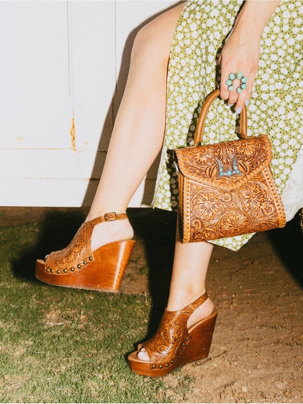 Myra Bag - Loyal West Line Amelia Hand Tooled Leather Wedge Sandals - Tan - Picture 2 of 7